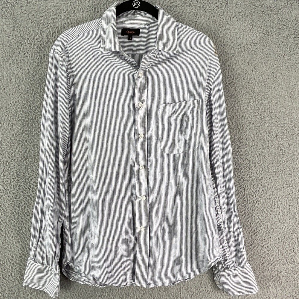 Quince Button Up Shirt Mens Small Blue White Striped Long Sleeve Pocket Casual